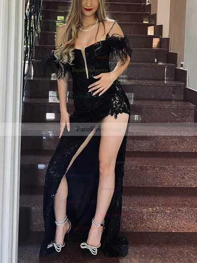 Sheath/Column V-neck Lace Floor-length Prom Dresses With Feathers / Fur #Favs020112535