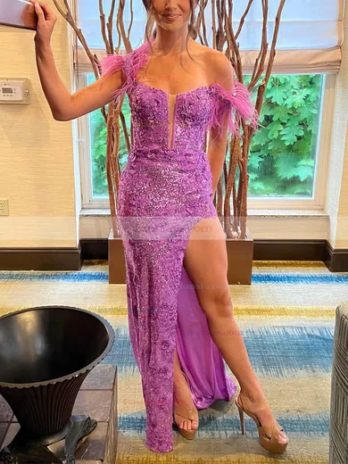 Sheath/Column V-neck Lace Floor-length Prom Dresses With Feathers / Fur #Favs020112535