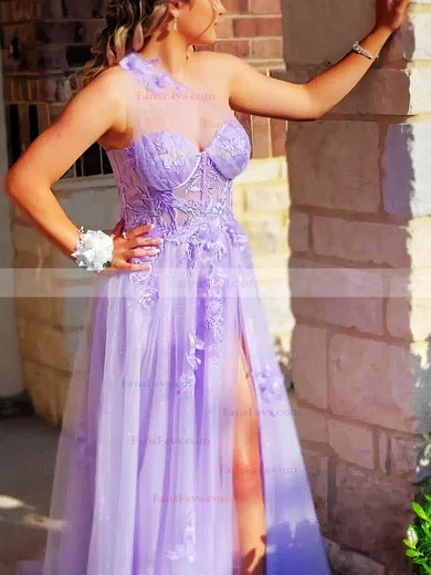 A-line One Shoulder Tulle Sweep Train Prom Dresses With Split Front #Favs020112537