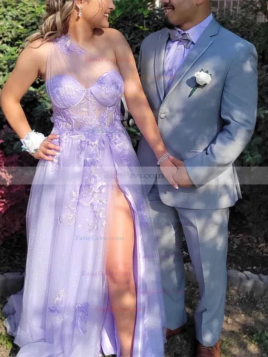 A-line One Shoulder Tulle Sweep Train Prom Dresses With Split Front #Favs020112537