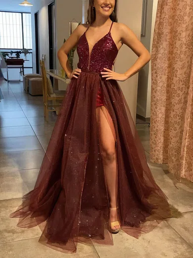 A-line V-neck Sequined Glitter Detachable Prom Dresses With Split Front #Favs020112569