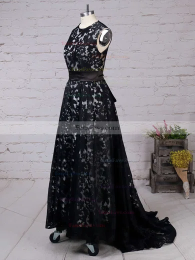 A-line Scoop Neck Lace Asymmetrical Sashes / Ribbons Prom Dresses #Favs020101207