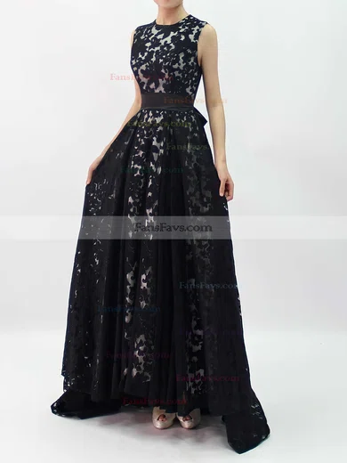 A-line Scoop Neck Lace Asymmetrical Sashes / Ribbons Prom Dresses #Favs020101207