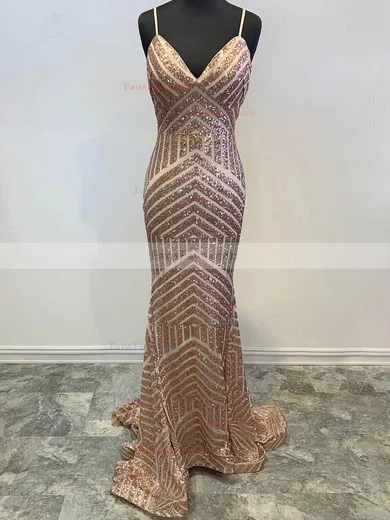 Trumpet/Mermaid V-neck Sequined Sweep Train Prom Dresses #Favs020112612