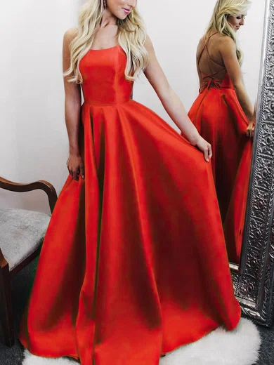 A-line Scoop Neck Silk-like Satin Sweep Train Prom Dresses With Split Front #Favs020112620