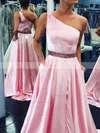 A-line One Shoulder Silk-like Satin Sweep Train Prom Dresses With Split Front #Favs020112635