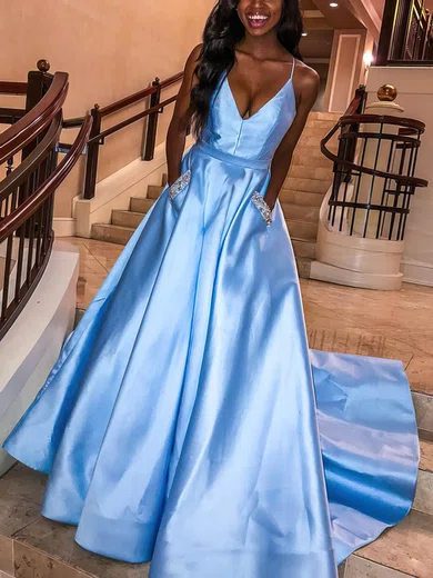 A-line V-neck Satin Sweep Train Prom Dresses With Pockets #Favs020112636