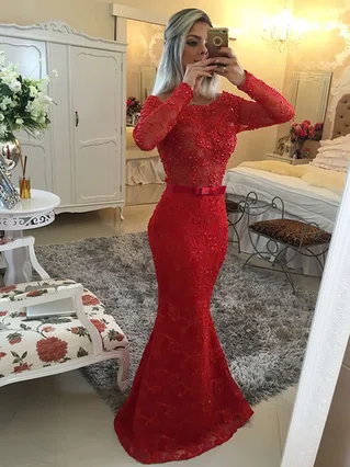 Trumpet/Mermaid Scoop Neck Lace Floor-length Sashes / Ribbons Prom Dresses #Favs020101486 Trumpet/Mermaid Scoop Neck Lace Floor-length Sashes / Ribbons Prom Dresses #Favs020101486