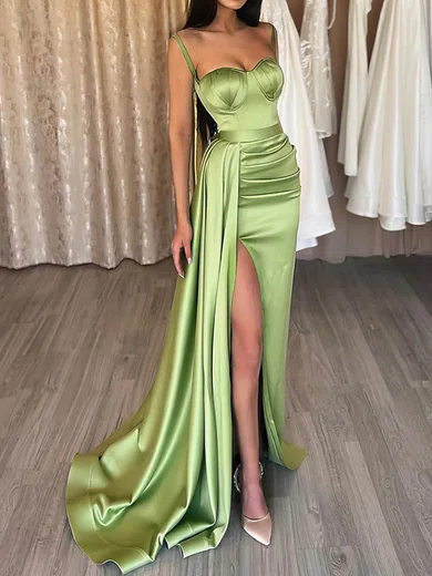 Sheath/Column Sweetheart Silk-like Satin Sweep Train Prom Dresses With Split Front #Favs020112695