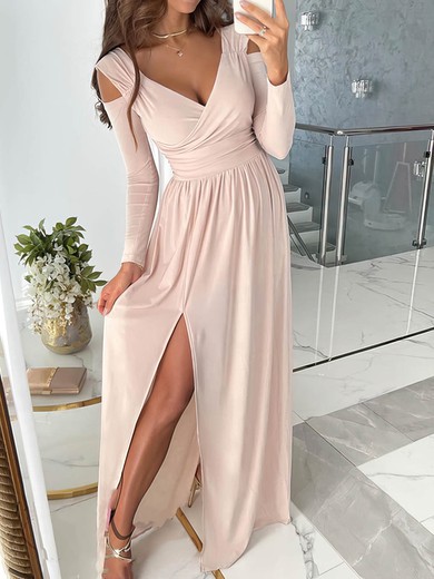 A-line V-neck Jersey Floor-length Prom Dresses With Split Front #Favs020112697
