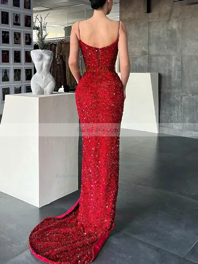 Sheath/Column V-neck Sequined Sweep Train Prom Dresses With Split Front #Favs020112708