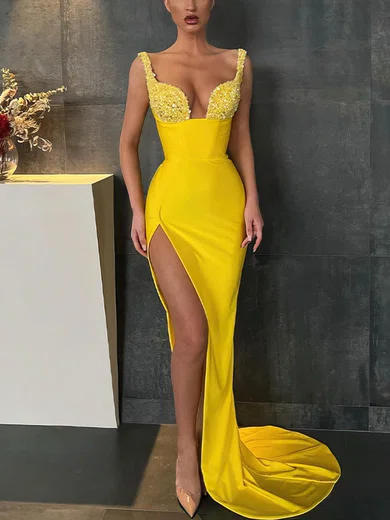 Sheath/Column V-neck Silk-like Satin Sweep Train Prom Dresses With Split Front #Favs020112709