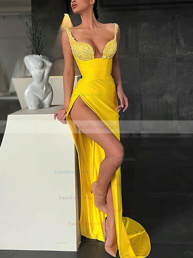 Sheath/Column V-neck Silk-like Satin Sweep Train Prom Dresses With Split Front #Favs020112709
