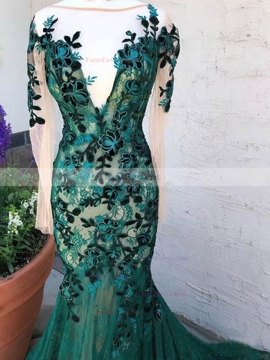 Trumpet/Mermaid Scoop Neck Lace Tulle Sweep Train Prom Dresses With Appliques Lace #Favs020112768