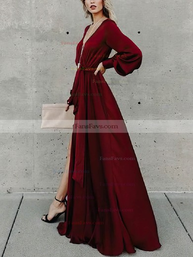 A-line V-neck Chiffon Floor-length Prom Dresses With Split Front #Favs020112769