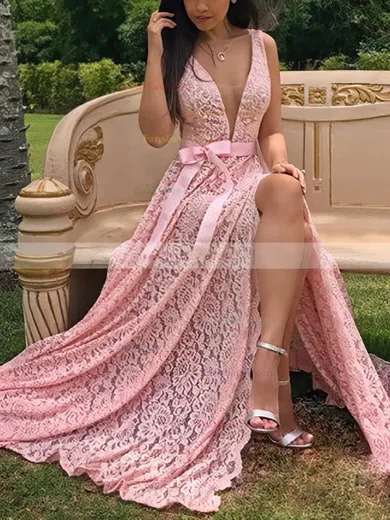 A-line V-neck Lace Sweep Train Prom Dresses With Split Front #Favs020112775