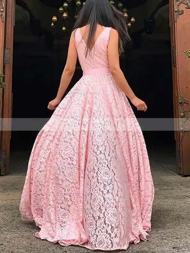 A-line V-neck Lace Sweep Train Prom Dresses With Split Front #Favs020112775