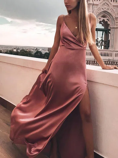 A-line V-neck Silk-like Satin Sweep Train Prom Dresses With Split Front #Favs020112781