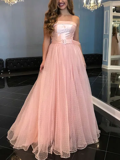 A-line Strapless Tulle Floor-length Prom Dresses With Sashes / Ribbons #Favs020112787