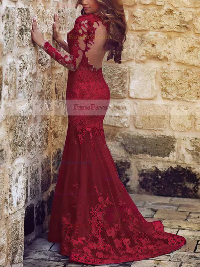 Trumpet/Mermaid Scoop Neck Tulle Sweep Train Appliques Lace Prom Dresses #Favs020101852