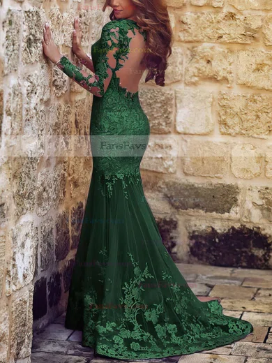 Trumpet/Mermaid Scoop Neck Tulle Sweep Train Appliques Lace Prom Dresses #Favs020101852