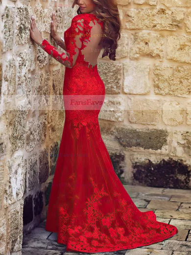 Trumpet/Mermaid Scoop Neck Tulle Sweep Train Appliques Lace Prom Dresses #Favs020101852