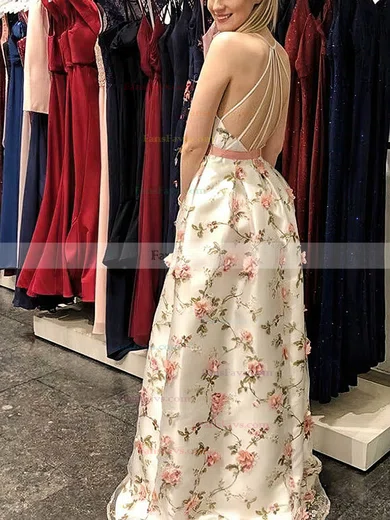 A-line V-neck Lace Sweep Train Prom Dresses With Sashes / Ribbons #Favs020112798