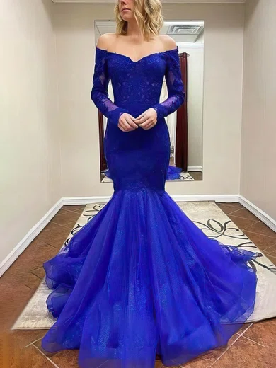 Trumpet/Mermaid Off-the-shoulder Tulle Glitter Sweep Train Prom Dresses With Lace #Favs020112823