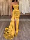 Sheath/Column V-neck Silk-like Satin Sweep Train Prom Dresses With Split Front #Favs020112829