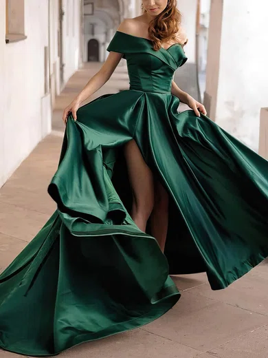 A-line Off-the-shoulder Silk-like Satin Sweep Train Prom Dresses With Split Front #Favs020112837
