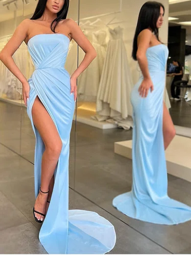 Sheath/Column Strapless Silk-like Satin Sweep Train Prom Dresses With Split Front #Favs020112849