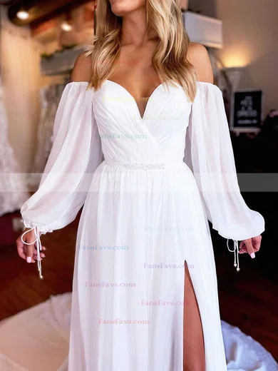 A-line Off-the-shoulder Chiffon Sweep Train Prom Dresses With Split Front #Favs020112886