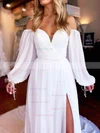 A-line Off-the-shoulder Chiffon Sweep Train Prom Dresses With Split Front #Favs020112886