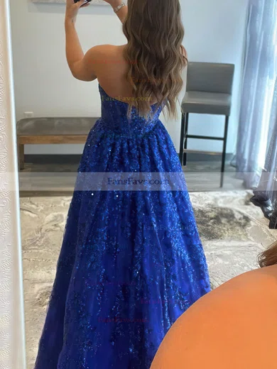 A-line Strapless Lace Tulle Sweep Train Prom Dresses With Pockets #Favs020112887