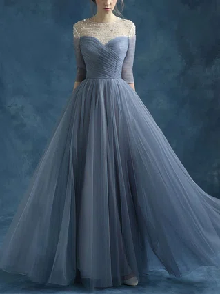 A-line Scoop Neck Tulle Floor-length Beading Prom Dresses #Favs020102046 A-line Scoop Neck Tulle Floor-length Beading Prom Dresses #Favs020102046