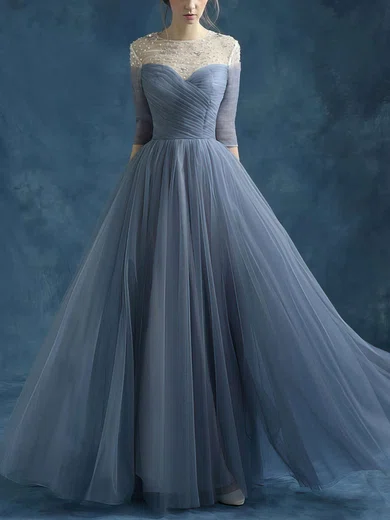 A-line Scoop Neck Tulle Floor-length Beading Prom Dresses #Favs020102046