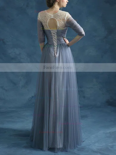 A-line Scoop Neck Tulle Floor-length Beading Prom Dresses #Favs020102046