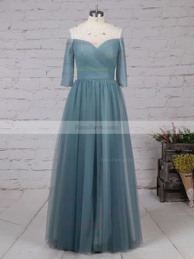 A-line Scoop Neck Tulle Floor-length Beading Prom Dresses #Favs020102046
