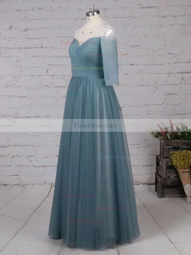 A-line Scoop Neck Tulle Floor-length Beading Prom Dresses #Favs020102046
