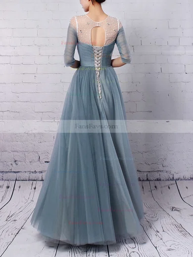 A-line Scoop Neck Tulle Floor-length Beading Prom Dresses #Favs020102046