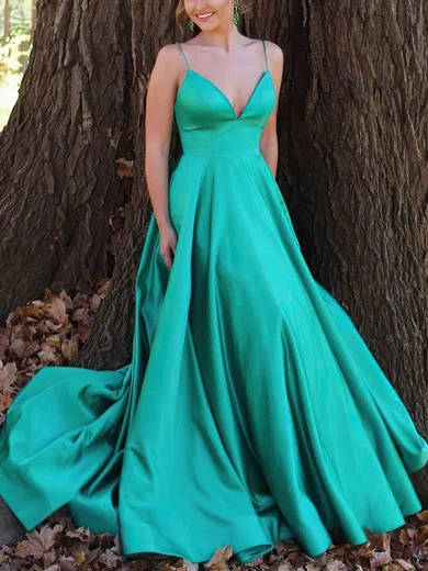 A-line V-neck Satin Sweep Train Prom Dresses #Favs020112899