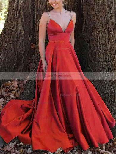 A-line V-neck Satin Sweep Train Prom Dresses #Favs020112899