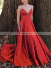 A-line V-neck Satin Sweep Train Prom Dresses #Favs020112899
