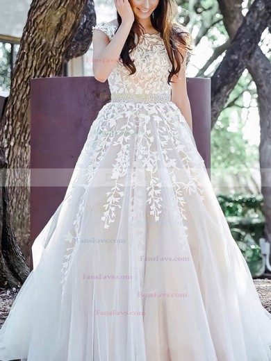 Princess Scoop Neck Tulle Lace Sweep Train Prom Dresses With Beading #Favs020112904