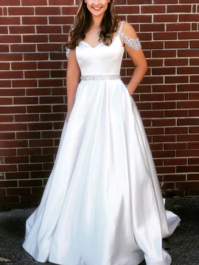 A-line V-neck Satin Sweep Train Prom Dresses With Beading #Favs020112909