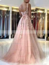 A-line V-neck Lace Tulle Sweep Train Prom Dresses With Appliques Lace #Favs020112915