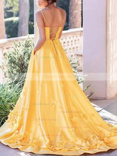 A-line V-neck Satin Sweep Train Prom Dresses With Pockets #Favs020112920