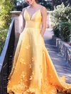 A-line V-neck Satin Sweep Train Prom Dresses With Pockets #Favs020112920