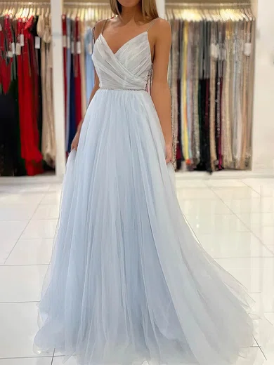 A-line V-neck Tulle Sweep Train Prom Dresses With Beading #Favs020112951