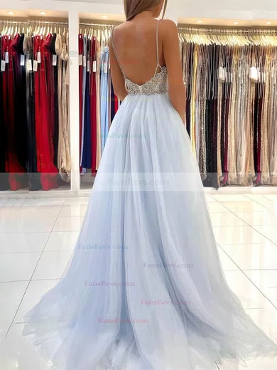 A-line V-neck Tulle Sweep Train Prom Dresses With Beading #Favs020112951